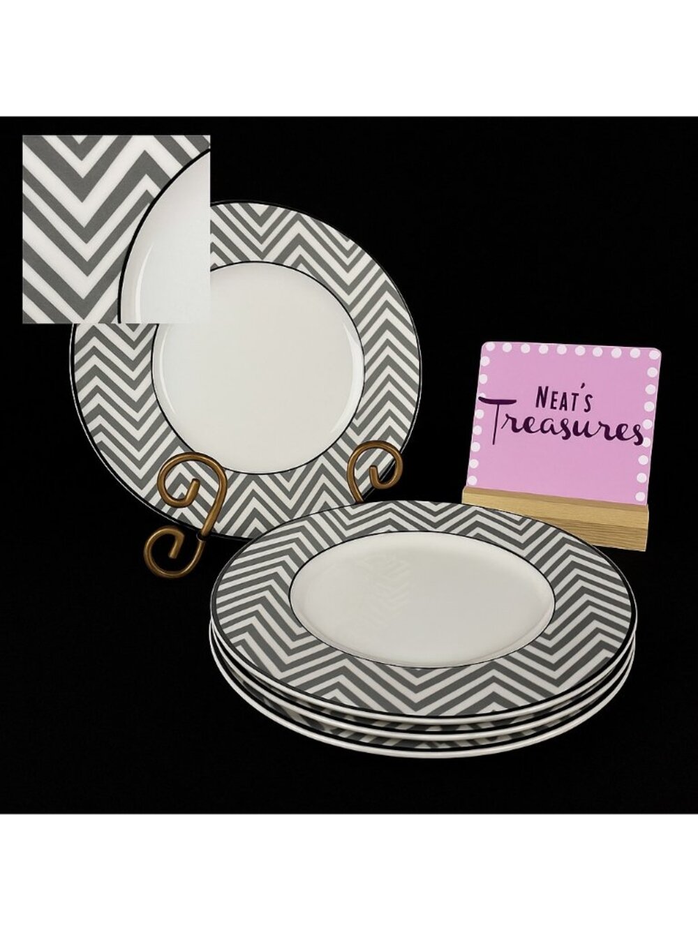 Mikasa COLOR STUDIO GRAY & PLATINUM Zig Zag Salad Lunch Accent Plates Set of 4